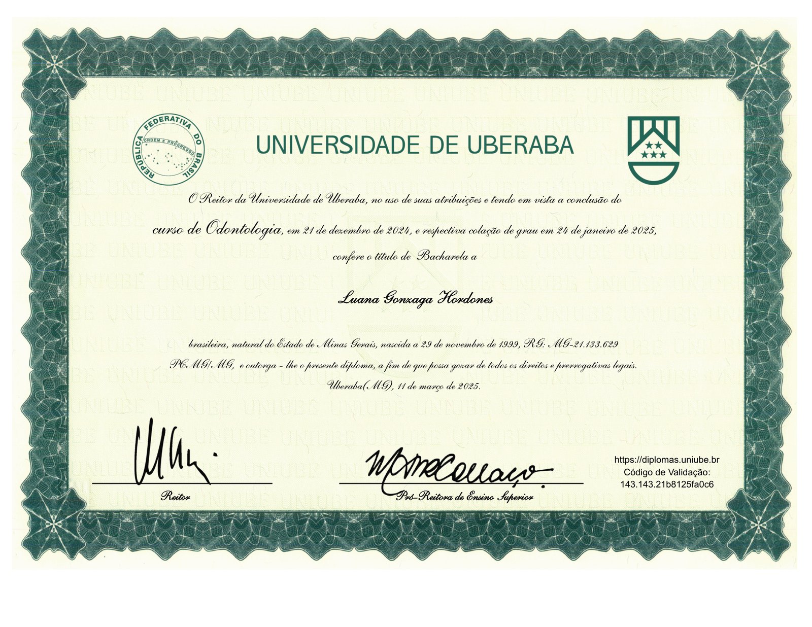 Diploma de Cirurgiã-Dentista da Dra. Luana Gonzaga, CRO-MG 74805